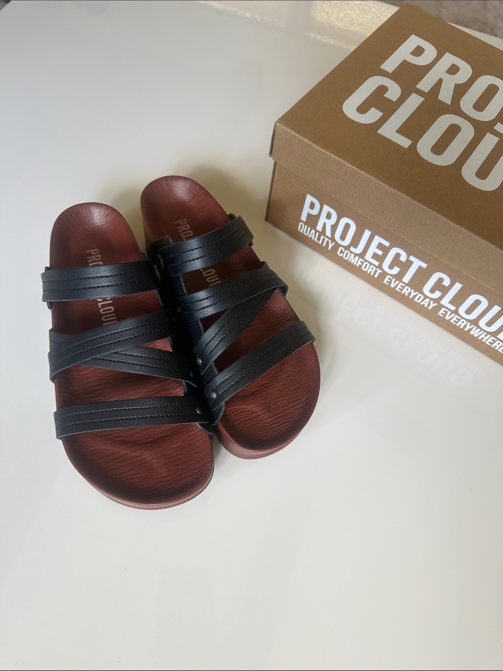 Project Cloud Women’s Black Strappy Sandals - Brown Footbed